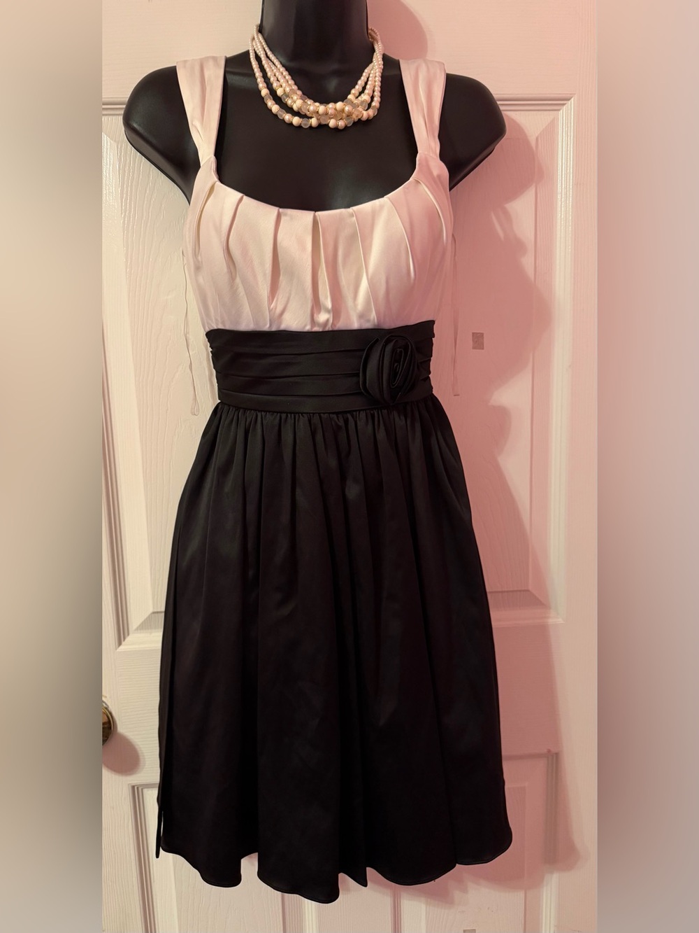 Jodi Kristopher Vintage Black and Ivory Pleated Sash Cocktail or Prom Dress
